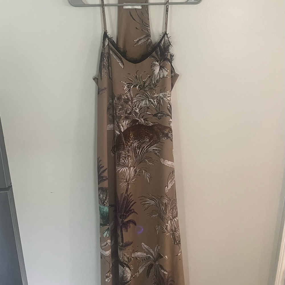 Taupe Tropical-Print Slip Maxi Dress with Delicate Straps